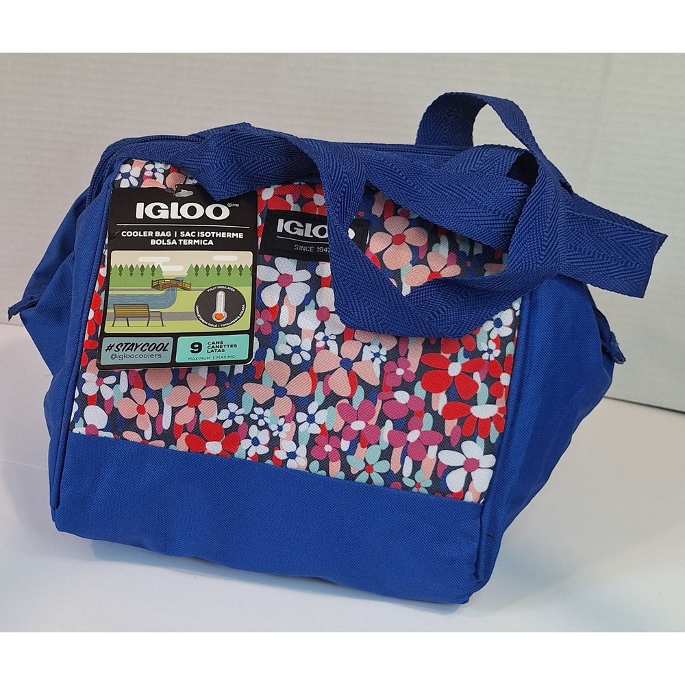 Igloo Cooler Lunch Bag 9 Can Blue Floral Zippered